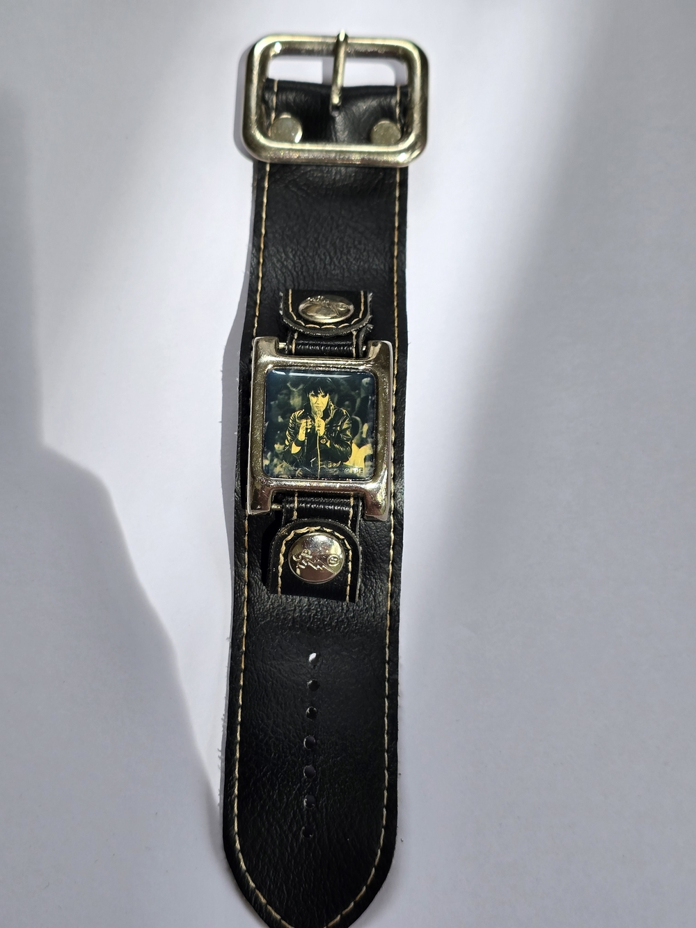 Paul Frank Y2K Elvis Presley Black Leather Wide Cuff Bracelet with Silver Buckle